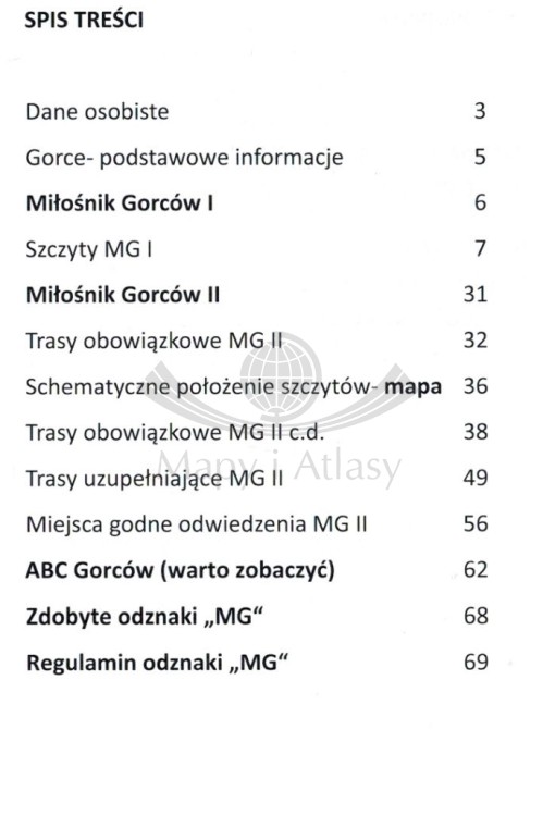 Książeczka odzanki "Miłośnik Gorców". Spis treści