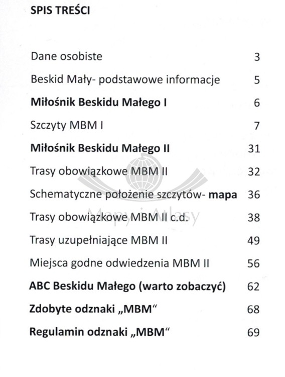Książeczka odznaki "Miłośnik Beskidu Małego". Spis treści