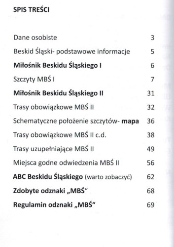 Książeczka odznaki "Miłośnik Beskidu Śląskiego". Spis treści