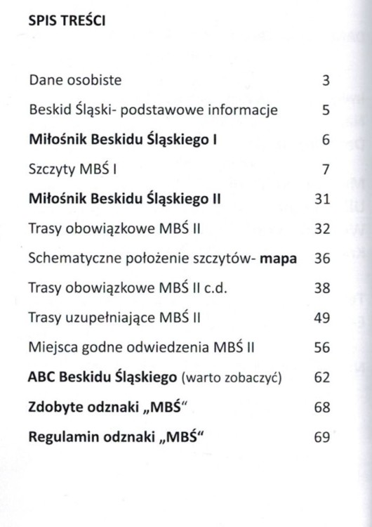 Książeczka odznaki "Miłośnik Beskidu Śląskiego". Spis treści