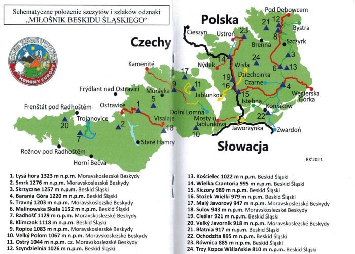 Książeczka odznaki "Miłośnik Beskidu Śląskiego". Schemat położenia szczytów