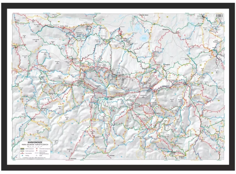 Karkonosze. Mapa - szlaki turystyczne, w ramie drewnianej