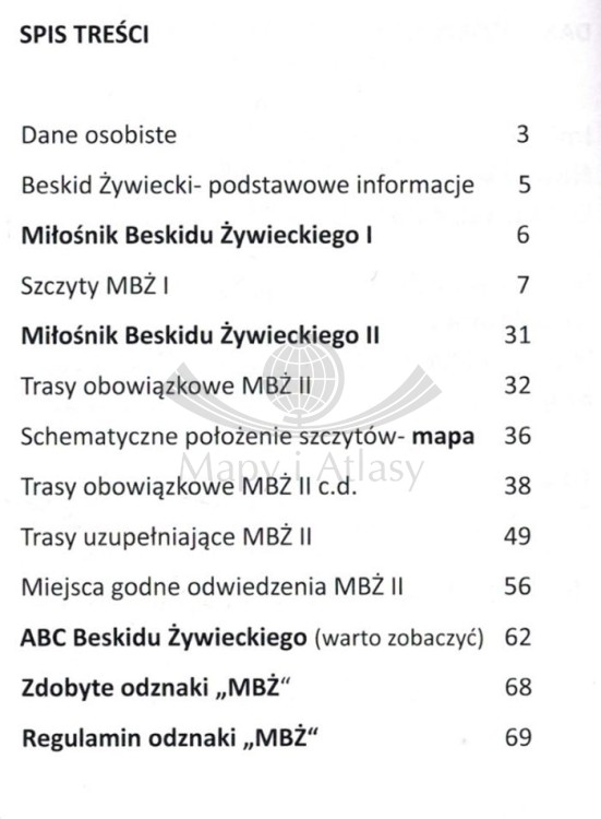 Książeczka odznaki "Miłośnik Beskidu Żywieckiego". Spis treści