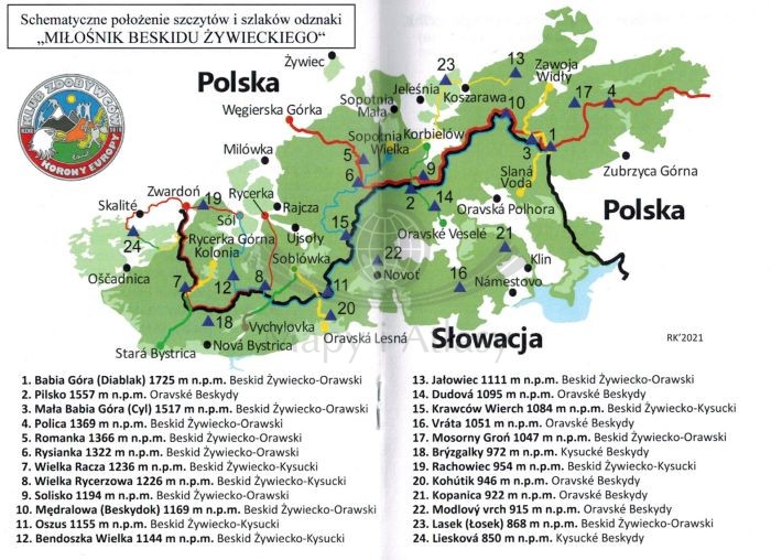 Książeczka odznaki "Miłośnik Beskidu Żywieckiego". Schemat położenia szczytów