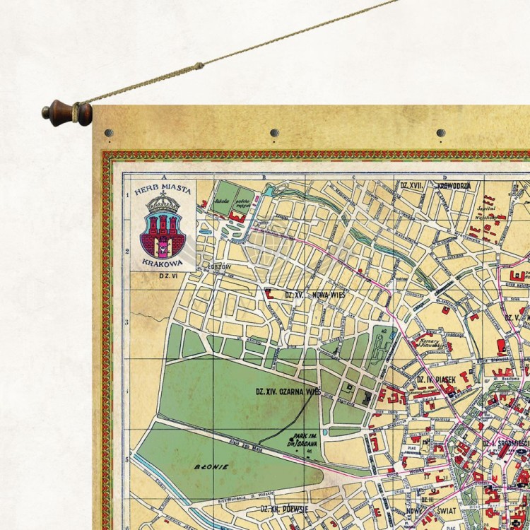 “Najnowszy Plan Stołecznego Królewskiego Miasta Krakowa”. Mapa ścienna ozdobna. Pergamena. Fragment 1