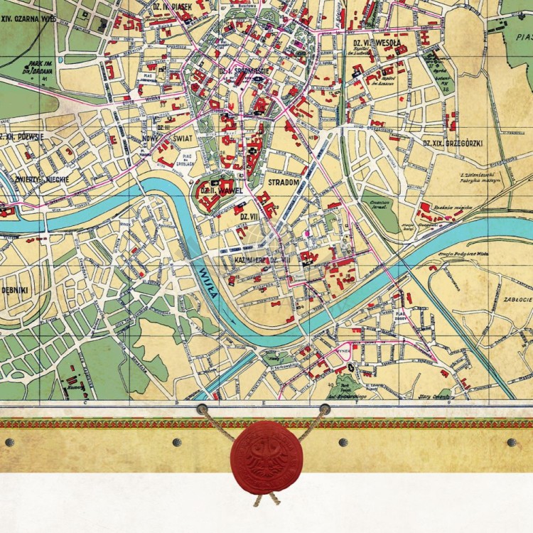 “Najnowszy Plan Stołecznego Królewskiego Miasta Krakowa”. Mapa ścienna ozdobna. Pergamena. Fragment 2