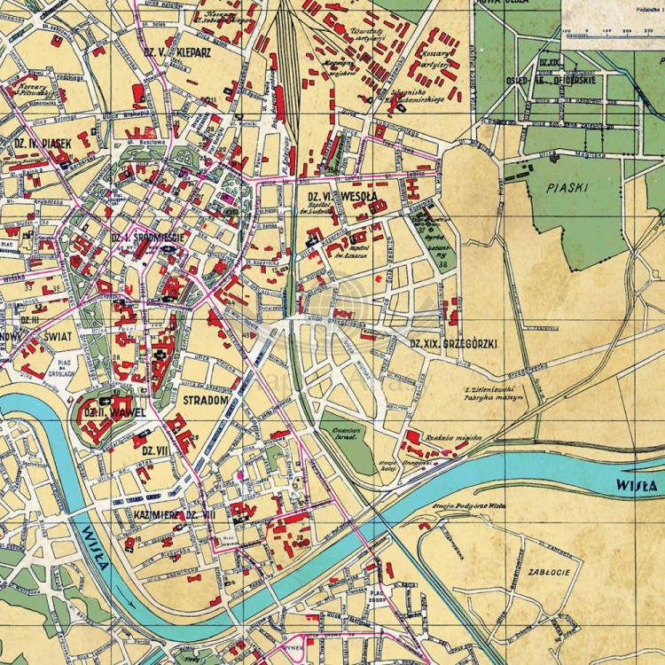 “Najnowszy Plan Stołecznego Królewskiego Miasta Krakowa”. Mapa ścienna ozdobna. Pergamena. Fragment 3