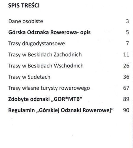 Górska odznaka rowerowa MTB. Książeczka. Spis treści