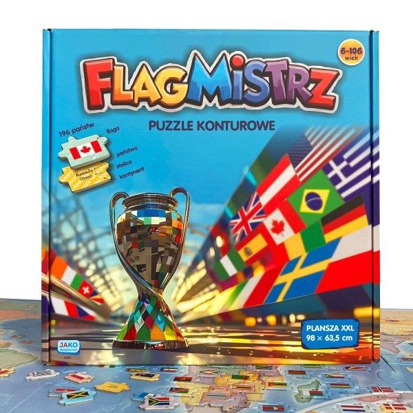 Flagmistrz. Puzzle konturowe + mapa. Jako
