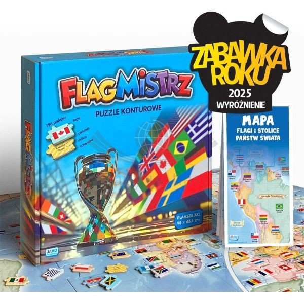 Flagmistrz. Puzzle konturowe + mapa. Jako