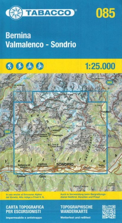 Bernina, Valmalenco, Sondrio. Wodoodporna mapa turystyczna 085 wydawnictwa Tabacco. Okładka
