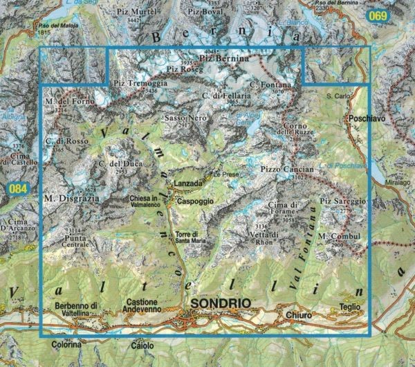 Bernina, Valmalenco, Sondrio. Wodoodporna mapa turystyczna 085 wydawnictwa Tabacco. Zasięg