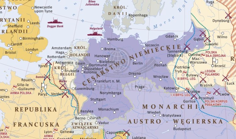 Europa podczas I wojny światowej. Mapa ścienna. Wersja STRONG. Fragment