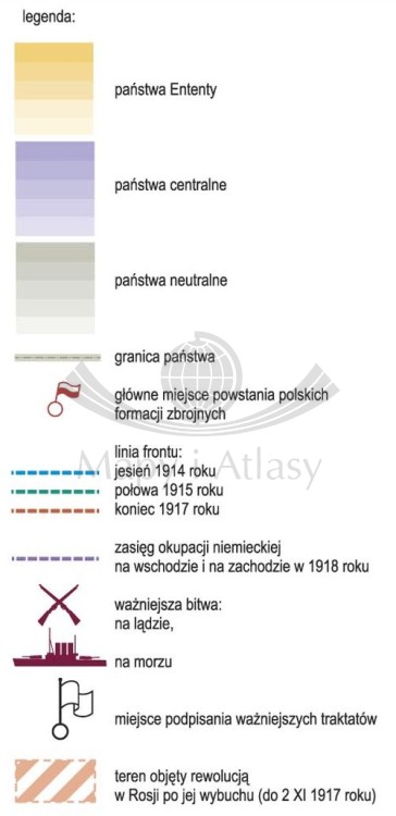Europa podczas I wojny światowej. Mapa ścienna. Wersja STRONG. Legenda