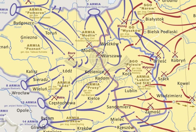 Wojna obronna Polski w 1939 roku. Mapa ścienna. Wersja STRONG. Fragment
