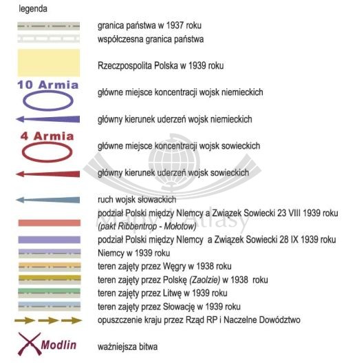 Wojna obronna Polski w 1939 roku. Mapa ścienna. Wersja STRONG. Legenda