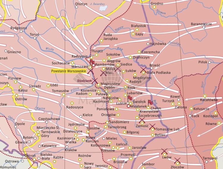 Działania armii czerwonej na ziemiach Polskich w latach 1944-1945. Mapa ścienna. Wersja STRONG. Fragment