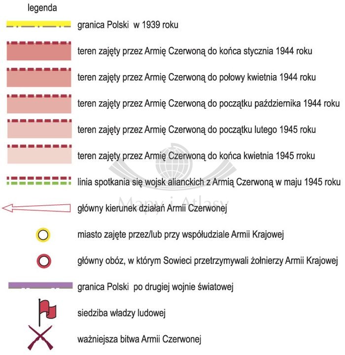 Działania armii czerwonej na ziemiach Polskich w latach 1944-1945. Mapa ścienna. Wersja STRONG. Legenda