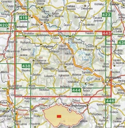 Posazavi, Vlasimsko. Mapa turystyczna 443 wydawnictwa Shocart. Zasięg