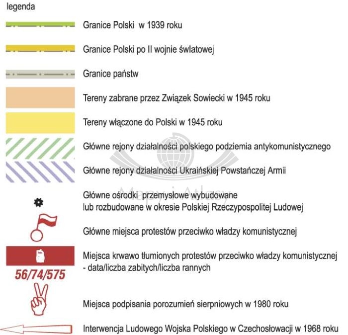Polska po II wojnie światowej. Mapa ścienna. Wersja STRONG. Legenda