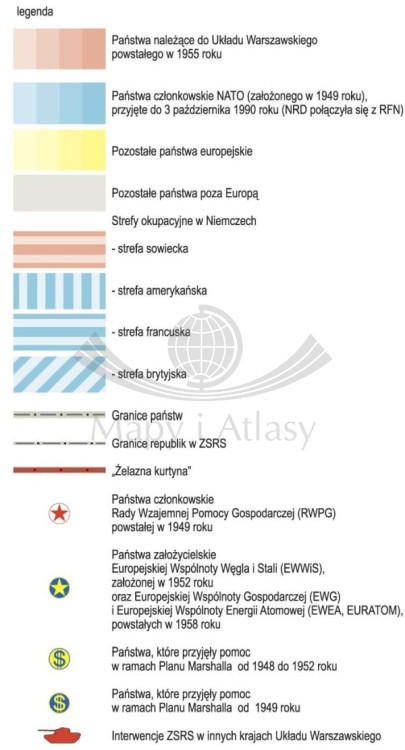 Europa po II wojnie światowej. Mapa ścienna. Wersja STRONG. Legenda