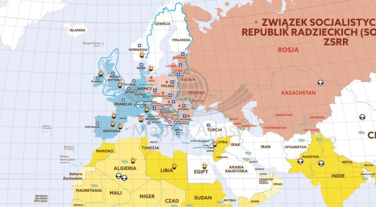 Świat po II wojnie światowej. Mapa ścienna. Wersja STRONG. Fragment