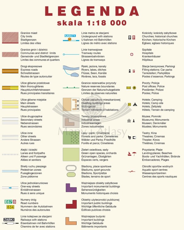Warszawa 1:18 000. Mapa ścienna. Legenda