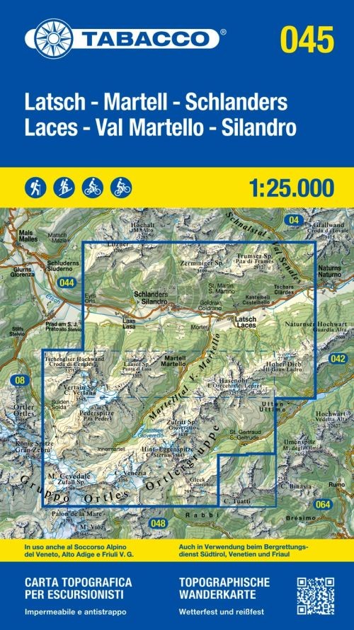 Latsch, Martell, Schlanderes. Wodoodporna mapa turystyczna 045. Tabacco