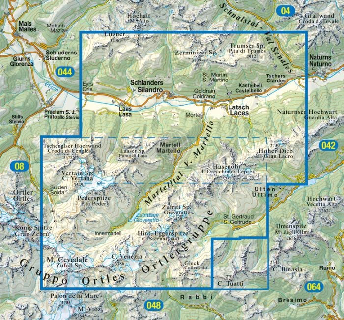 Latsch, Martell, Schlanderes. Wodoodporna mapa turystyczna 045 wydawnictwa Tabacco. Zasięg
