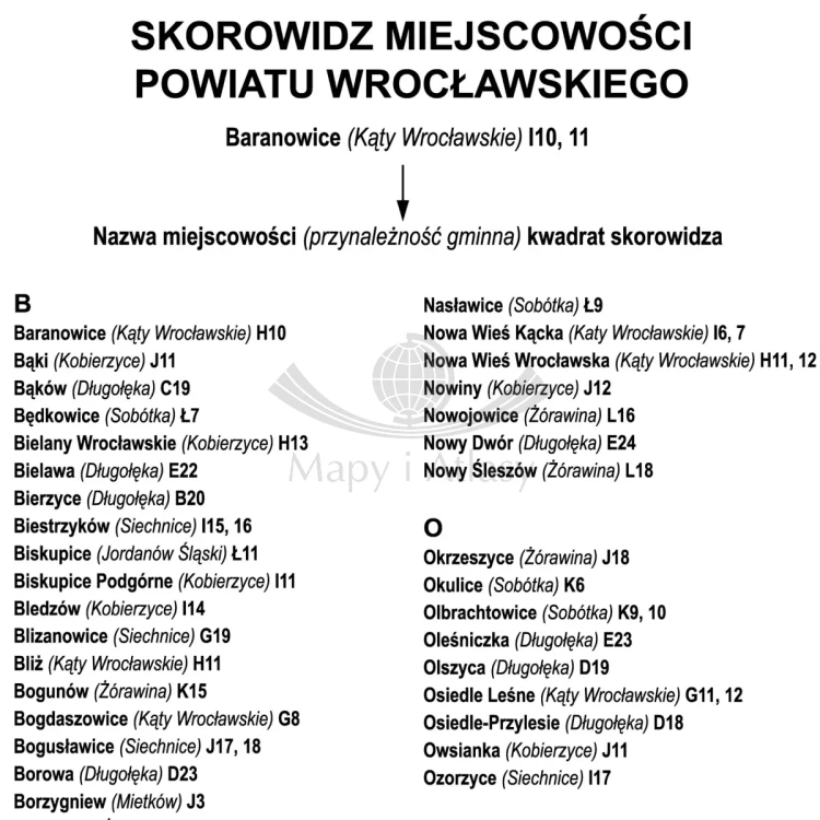 Powiat wrocławski 1:50 000. Mapa / plan. Wersja do wpinania. Skorowidz miejscowości - fragment