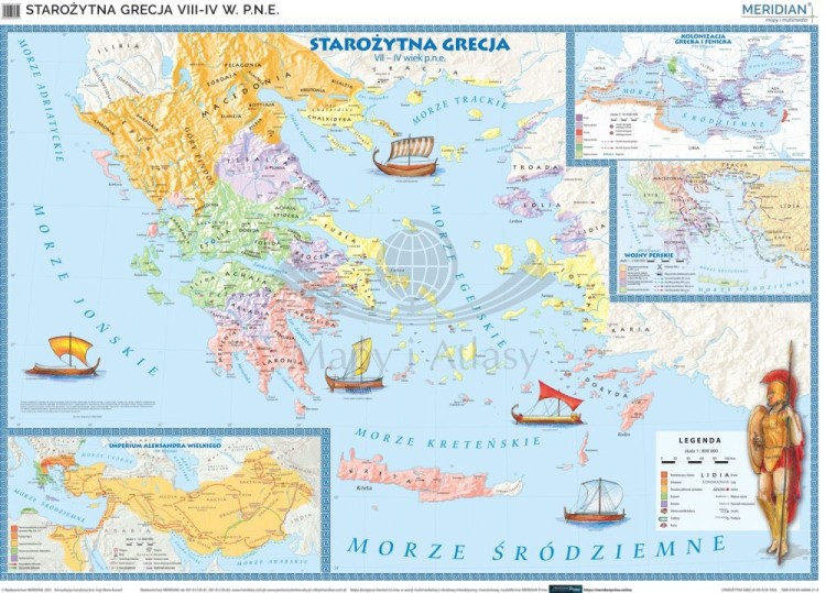 Starożytna Grecja VIII-IV w. p.n.e. Mapa ścienna 160 x 120 cm. Drewniane półwałki