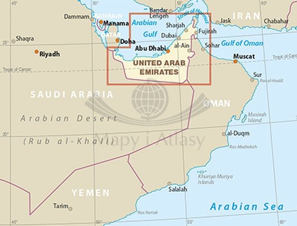 Zjednoczone Emiraty Arabskie. Dubaj, Abu Dhabi. Wodoodporna mapa samochodowo-turystyczna wydawnictwa Reise Know-How. Zasięg