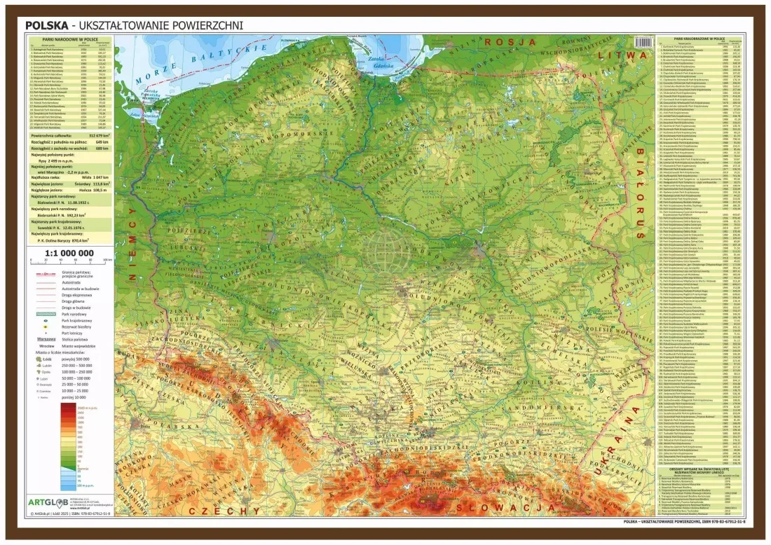 Polska 1:1 000 000. Mapa fizyczna w ramie drewnianej