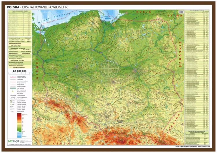 Polska 1:1 000 000. Mapa fizyczna w ramie drewnianej