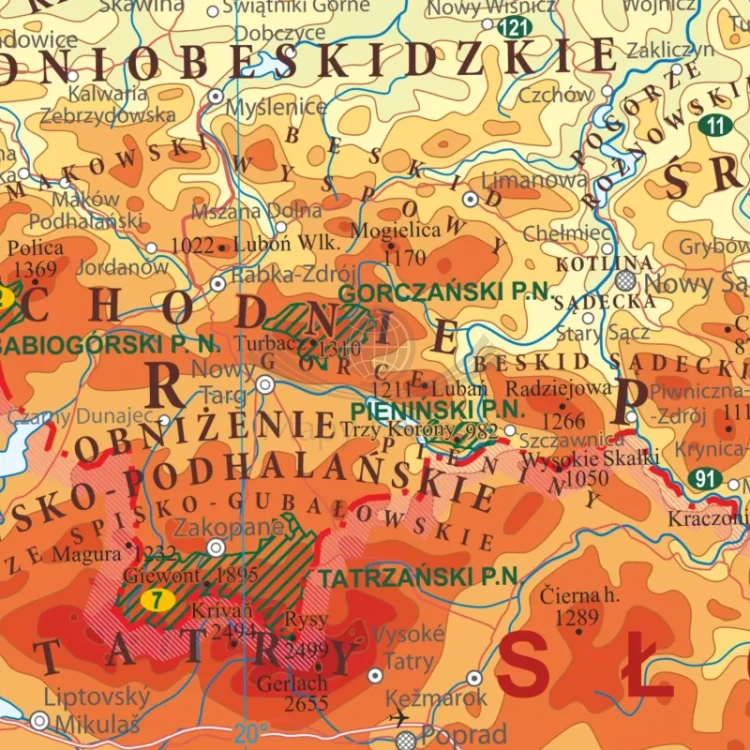 Polska 1:1 000 000. Mapa fizyczna. Wersja do wpinania. Fragment 4