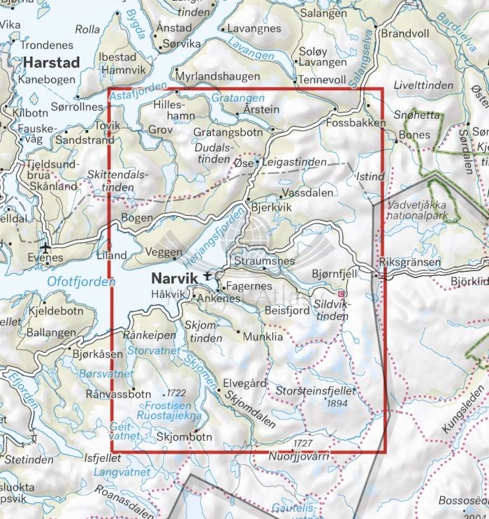 Narwik 1:50 000. Wodoodporna mapa turystyczna wydawnictwa Calazo. Zasięg