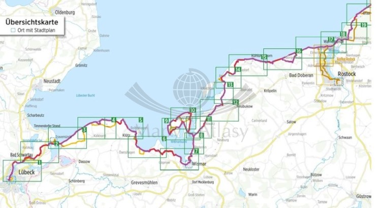 Wybrzeże Bałtyku. Lubeka, Uznam i Rugia. Atlas rowerowy wydawnictwa Verlag Esterbauer. Skorowidz 1