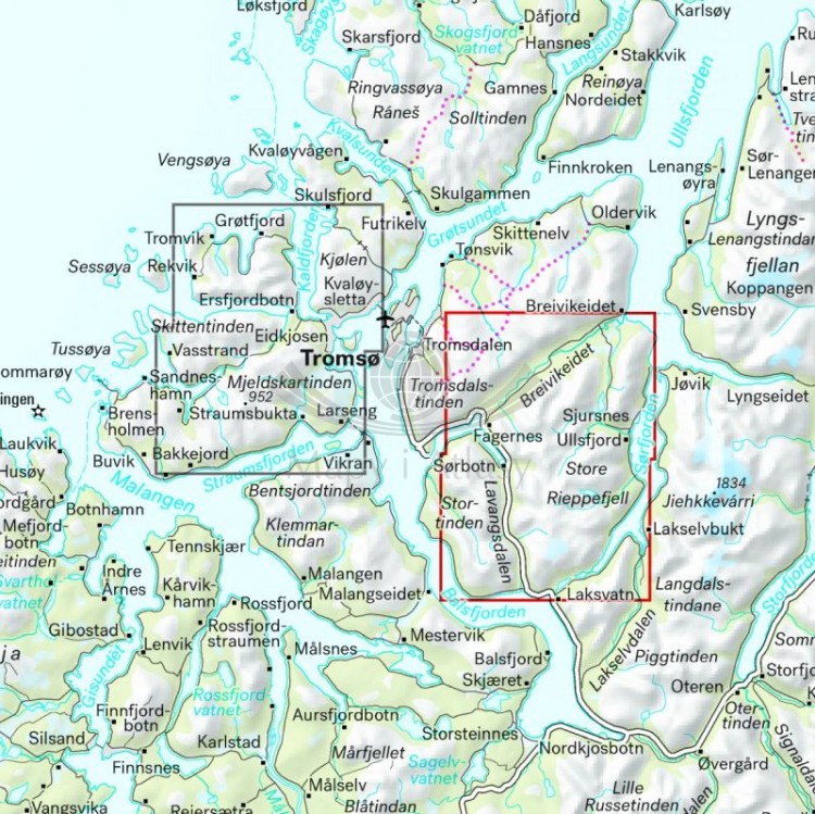 Tromso. Breivikeidet i Laksvatn 1:25 000. Wodoodporna mapa turystyczna wydawnictwa Calazo. Zasięg