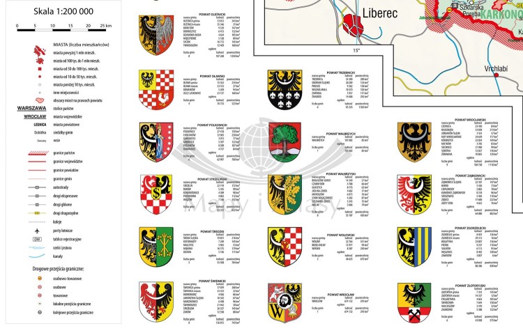 Województwo dolnośląskie 1:200 000. Mapa ścienna administracyjna. Drewniane półwałki. Fragment 2