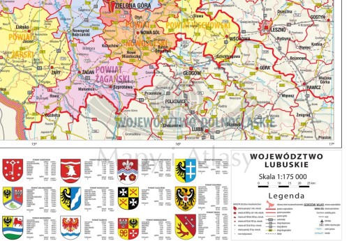 Województwo lubuskie 1:175 000. Mapa ścienna administracyjna. Drewniane półwałki. Fragment