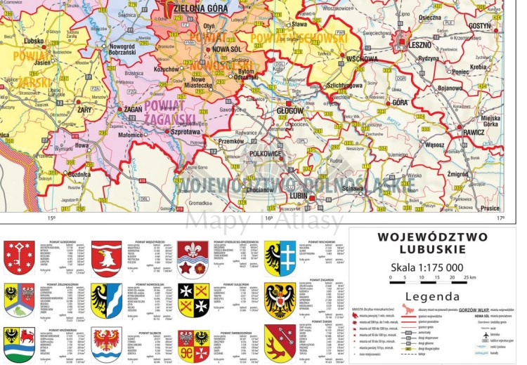 Województwo lubuskie 1:175 000. Mapa ścienna administracyjna. Drewniane półwałki. Fragment
