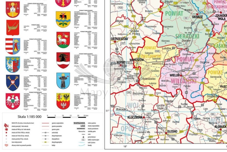 Województwo łódzkie 1:185 000. Mapa ścienna administracyjna. Drewniane półwałki. Fragment