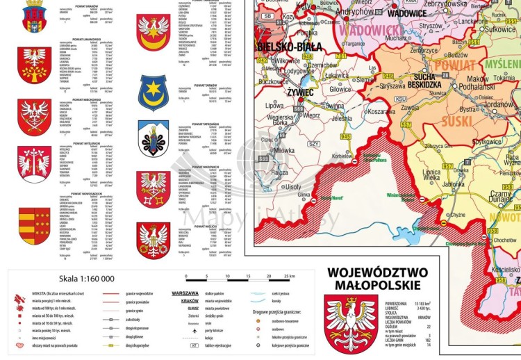 Województwo małopolskie 1:160 000. Mapa ścienna administracyjna. Drewniane półwałki. Fragment 2