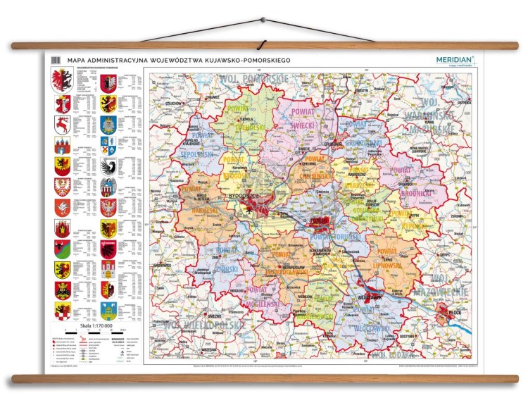 Województwo kujawsko-pomorskie 1:170 000. Mapa ścienna administracyjna. Drewniane półwałki