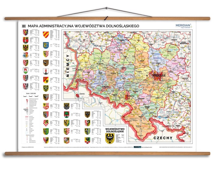 Województwo dolnośląskie 1:200 000. Mapa ścienna administracyjna. Drewniane półwałki