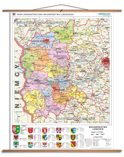 Województwo lubuskie 1:150 000. Mapa ścienna administracyjna. Drewniane półwałki
