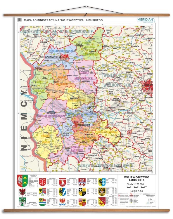 Województwo lubuskie 1:150 000. Mapa ścienna administracyjna. Drewniane półwałki