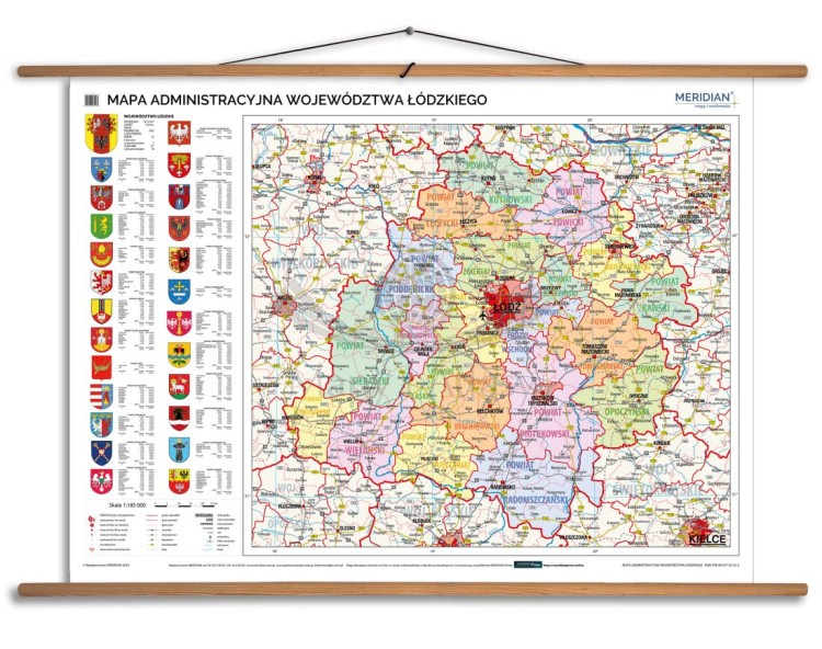 Województwo łódzkie 1:150 000. Mapa ścienna administracyjna. Drewniane półwałki