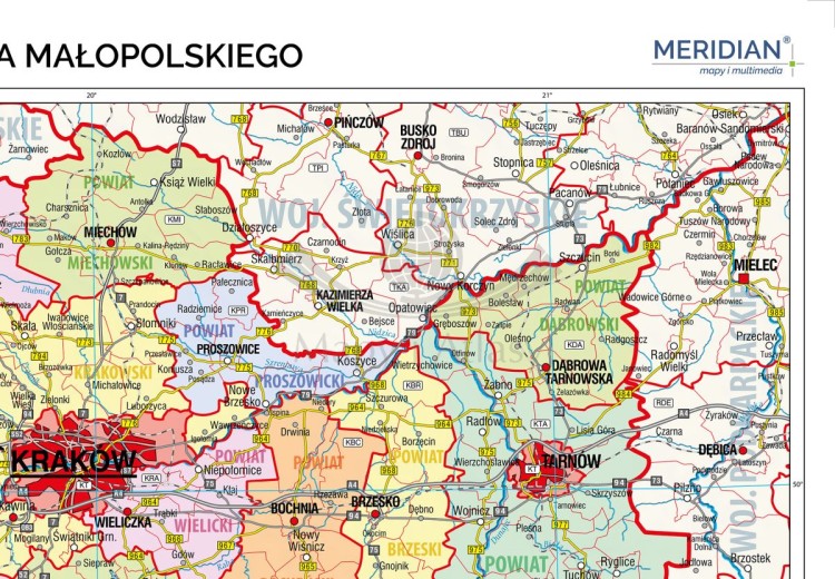 Województwo małopolskie 1:130 000. Mapa ścienna administracyjna. Drewniane półwałki. Fragment 1