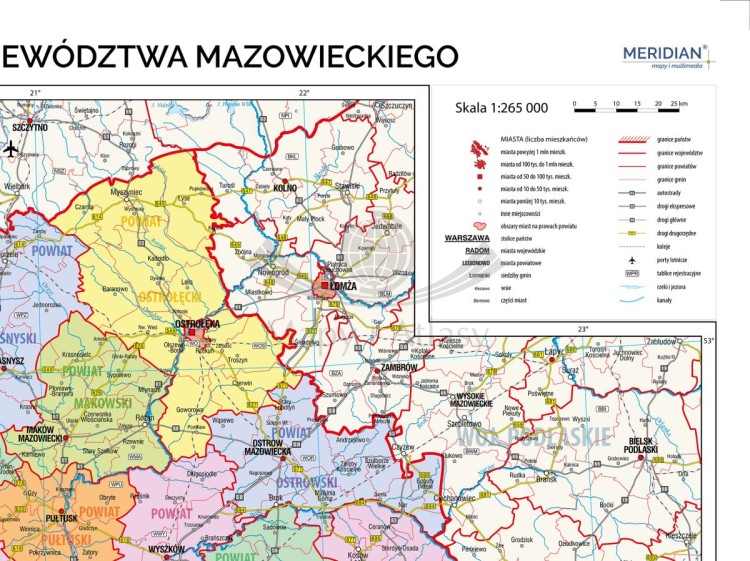 Województwo mazowieckie 1:265 000. Mapa ścienna administracyjna. Drewniane półwałki. Fragment 1
